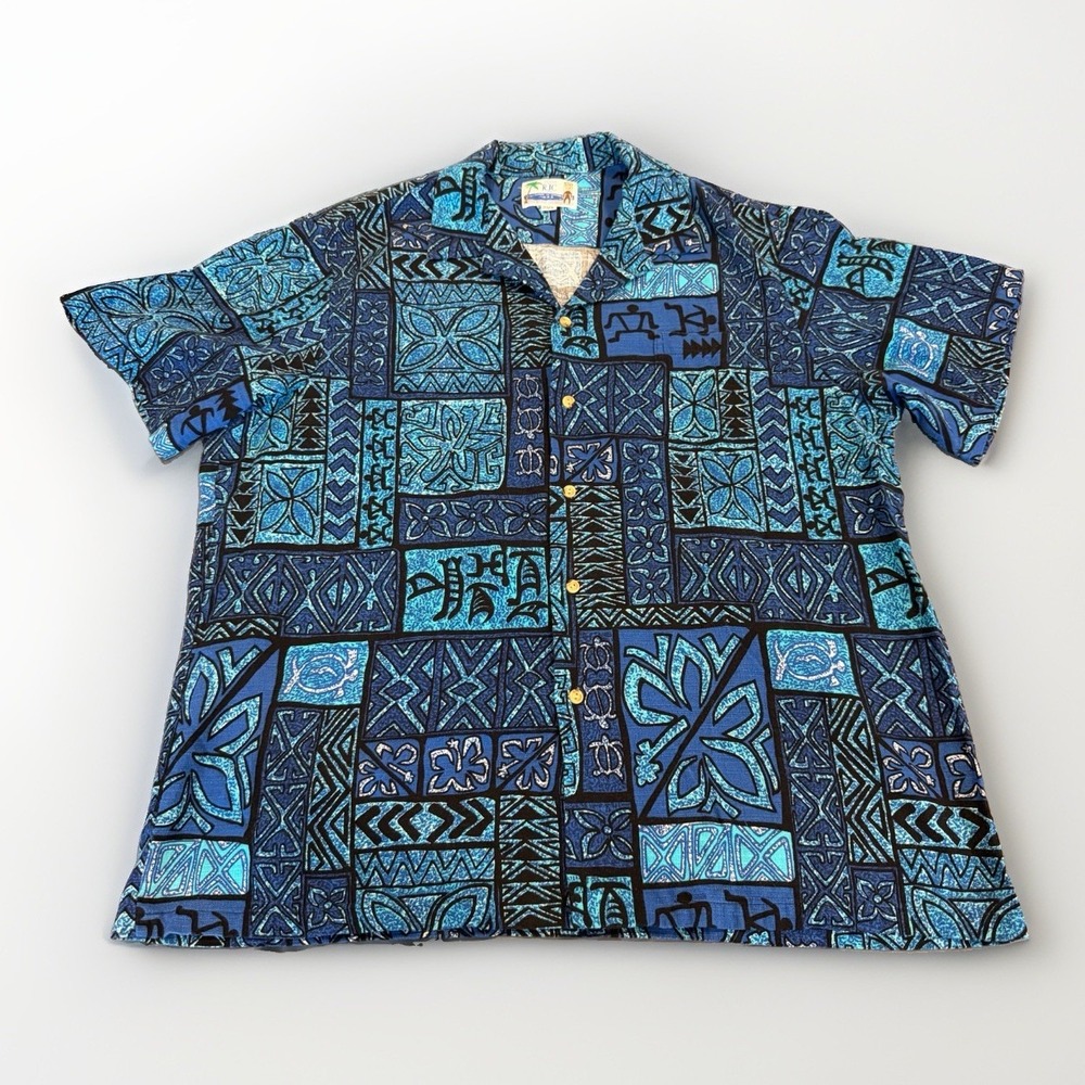 Vintage RJC Made In Hawaii Barkcloth Tiki Button Hawaiian Shirt Mens XXL BLUE